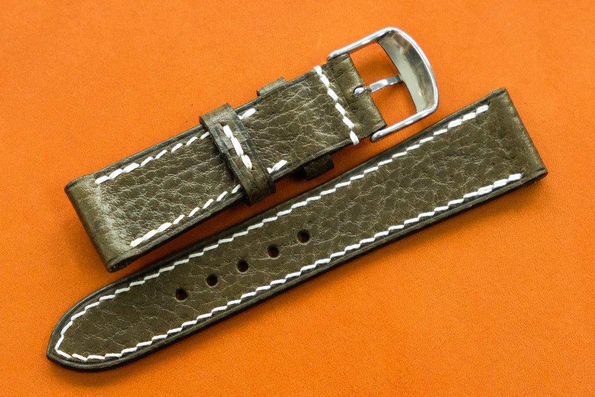 Italian Embossed Olive Green Full Stitch Leather Watch Strap