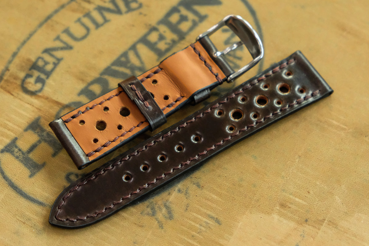 Horween Shell Cordovan Dark Cognac Racing Leather Watch Strap
