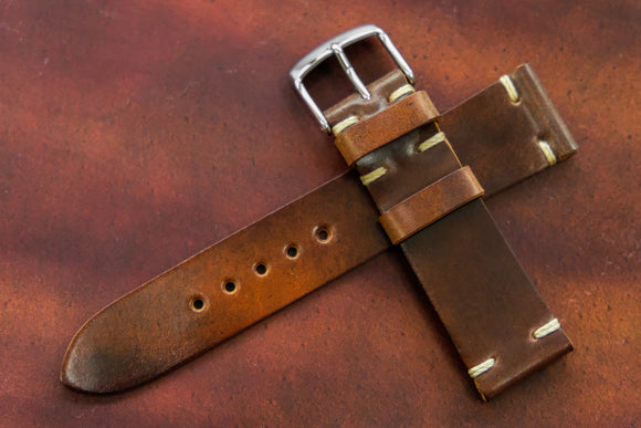 Horween Shell Cordovan Marbled Colour 8 Unlined Side Stitch Leather Watch Strap
