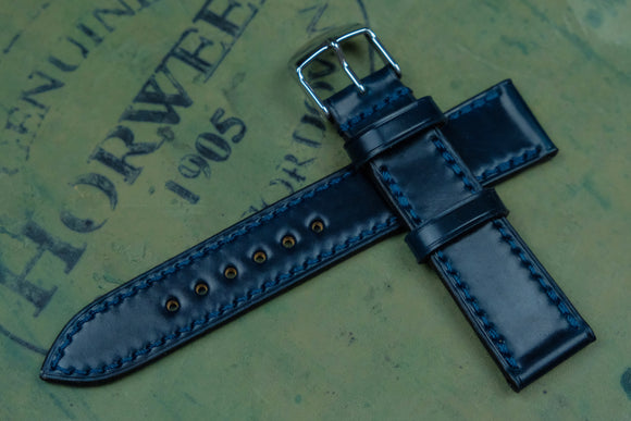 Horween Shell Cordovan Navy Full Stitch Leather Watch Strap