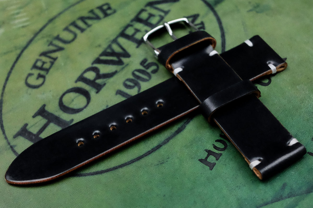 Horween Shell Cordovan Black Unlined Side Stitch Leather Watch Strap THE HOUSE OF STRAPS