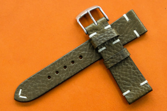 Italian Embossed Olive Green Side Stitch Leather Watch Strap
