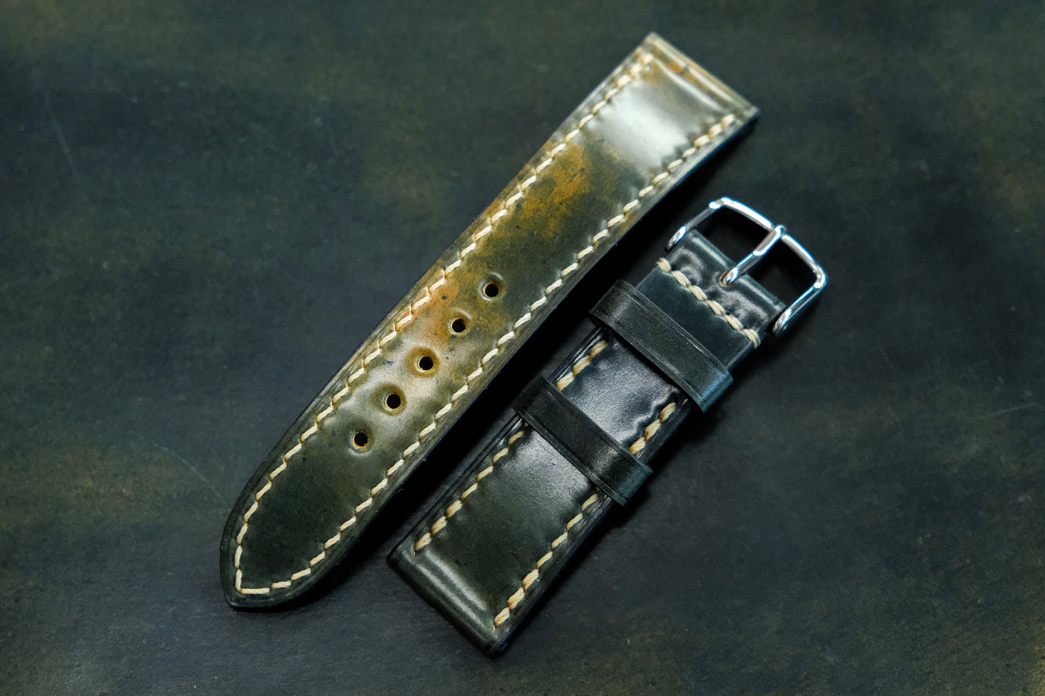 Full-Stitch Black Shell Cordovan Leather Watch Strap