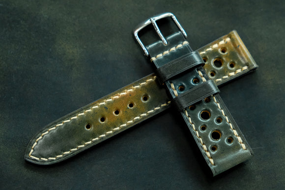 Horween Shell Cordovan Marbled Black Racing Leather Watch Strap