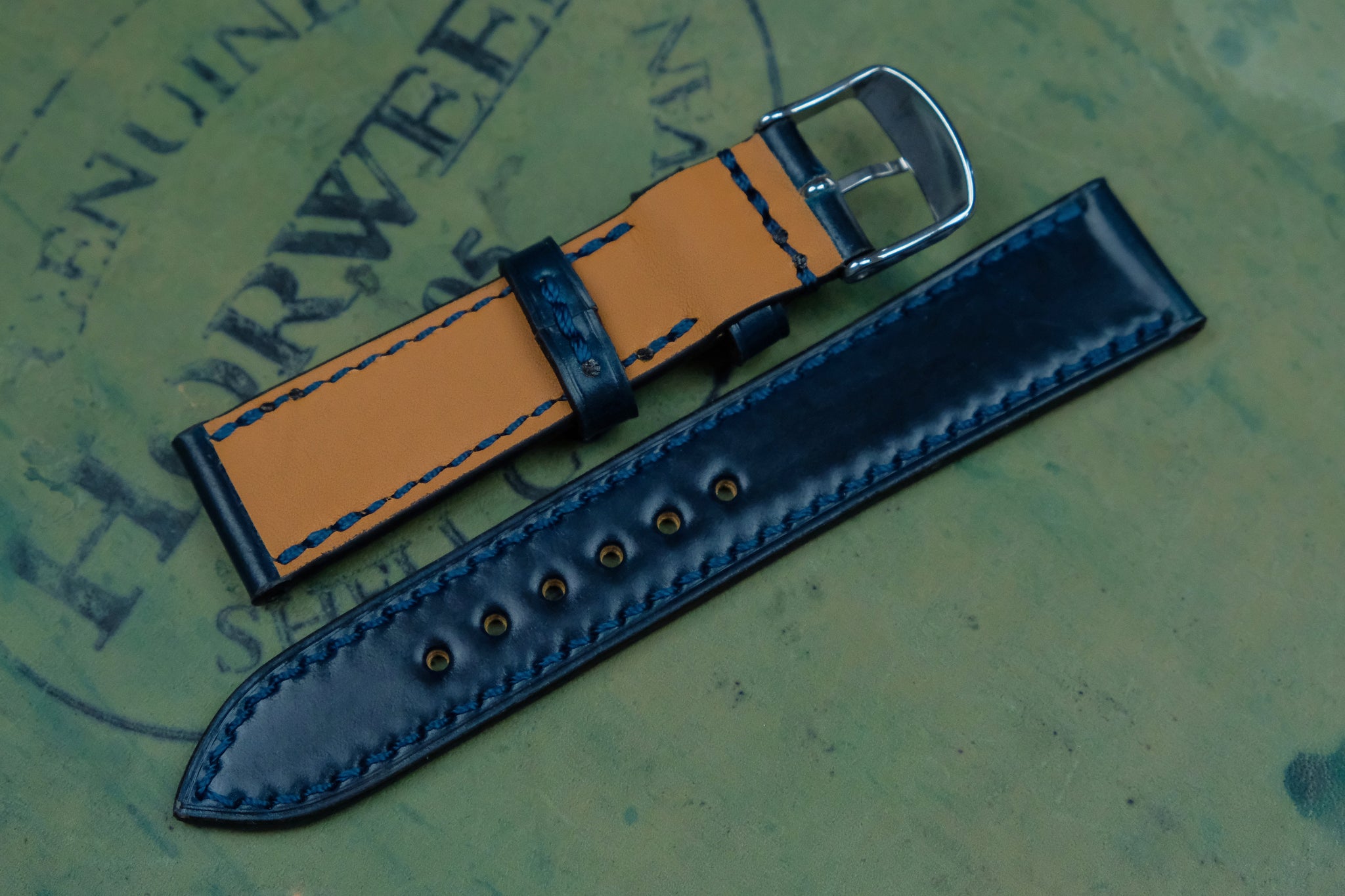 Horween Shell Cordovan Navy Full Stitch Leather Watch Strap – THE
