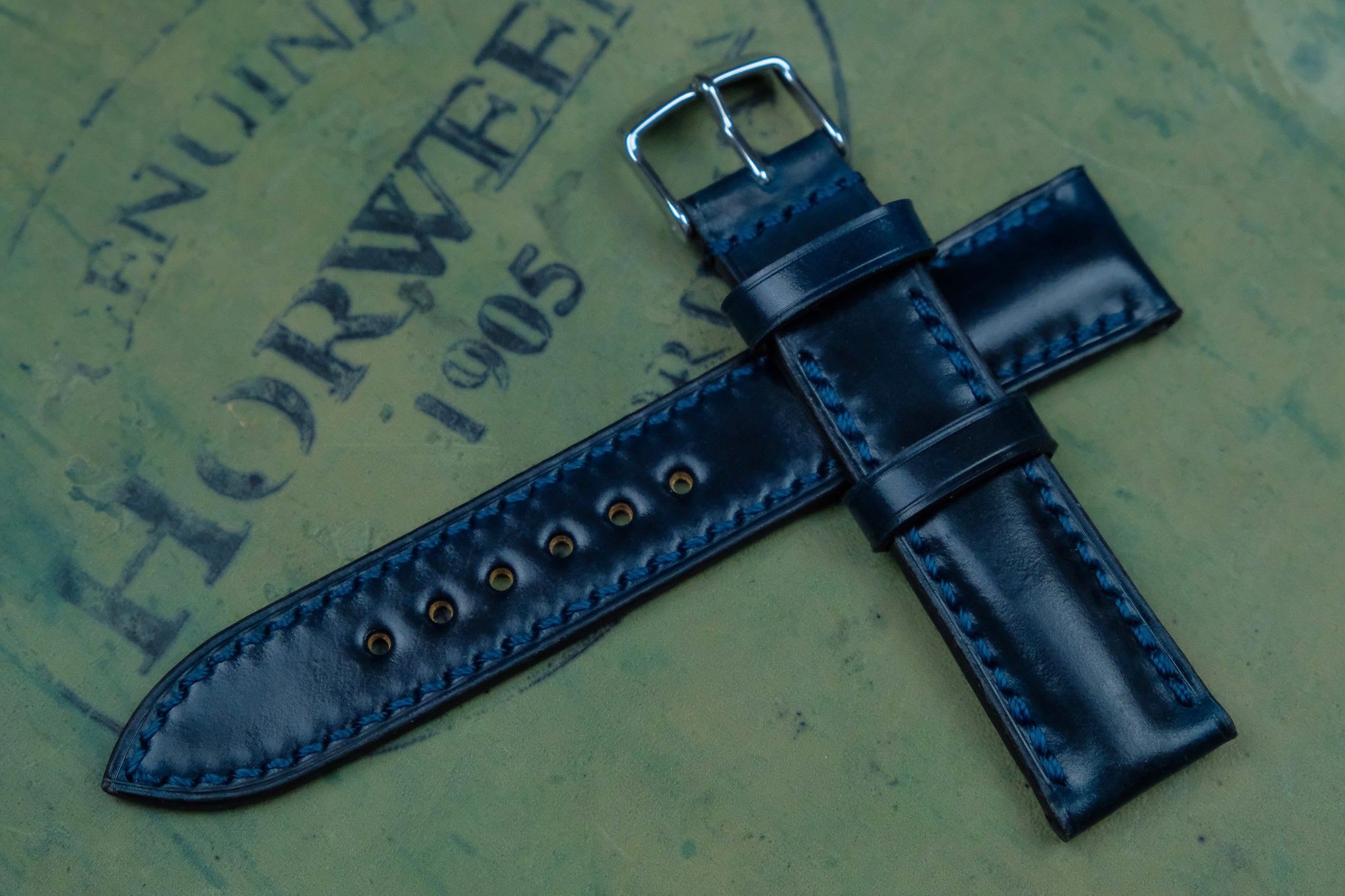 Horween Shell Cordovan Navy Unlined Side Stitch Leather Watch