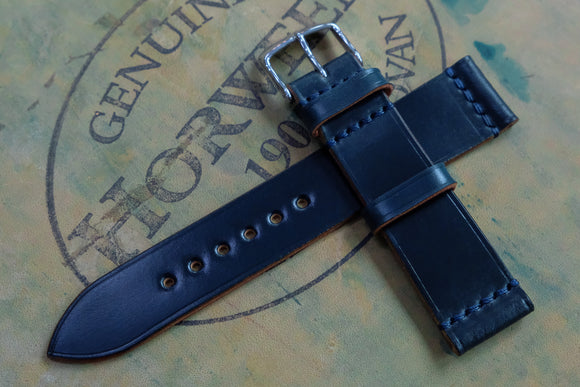 Horween Shell Cordovan Navy Unlined Top Stitch Leather Watch Strap