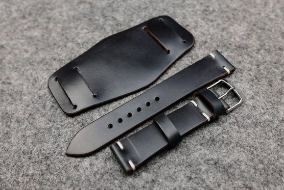 Horween Chromexcel Navy Unlined Side Stitch Leather Bund Watch Strap