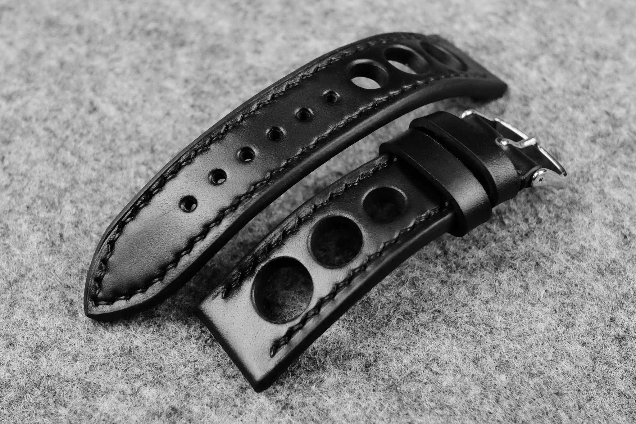 Black leather rally watch strap top