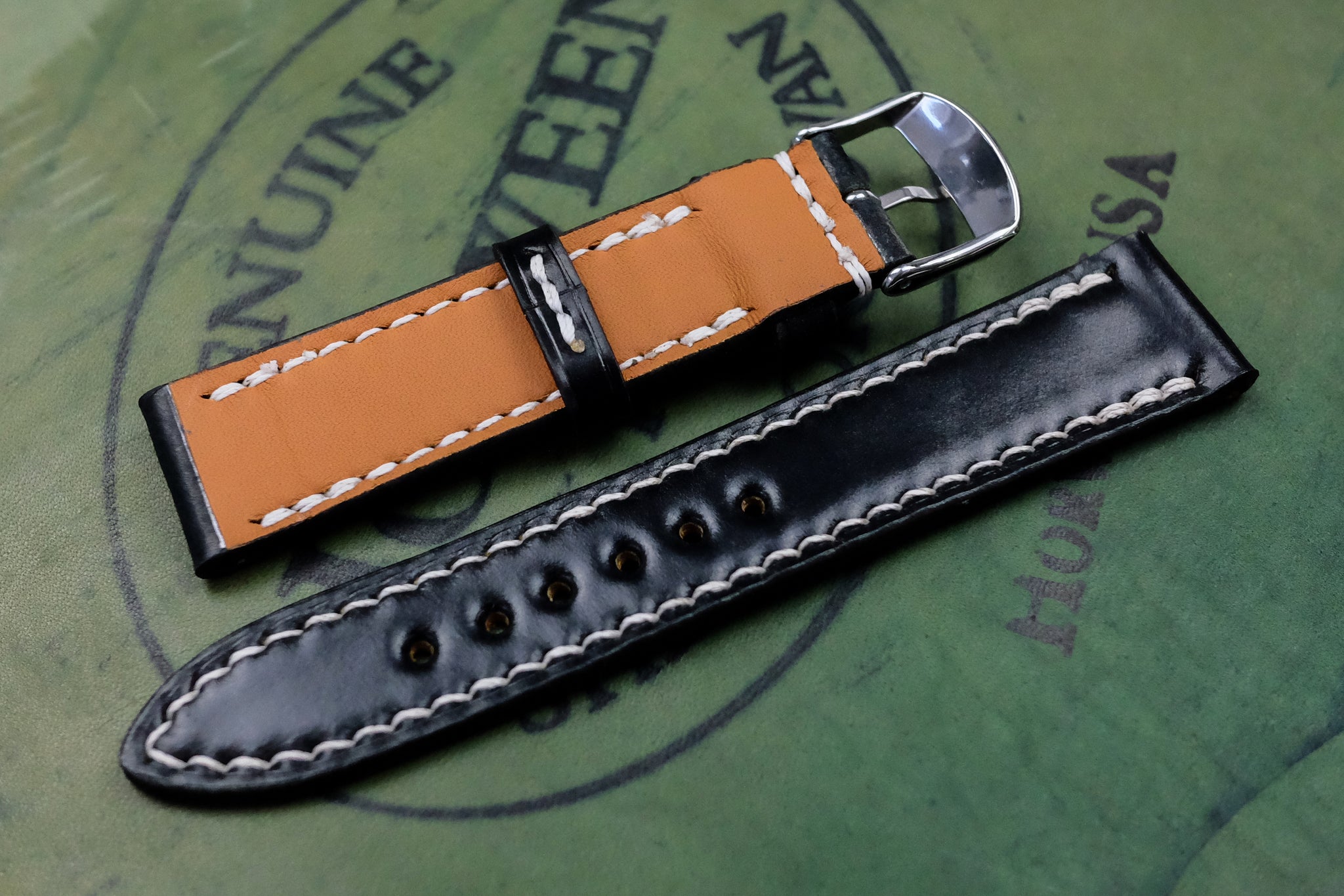 Horween Shell Cordovan Black Full Stitch Leather Watch Strap – THE 