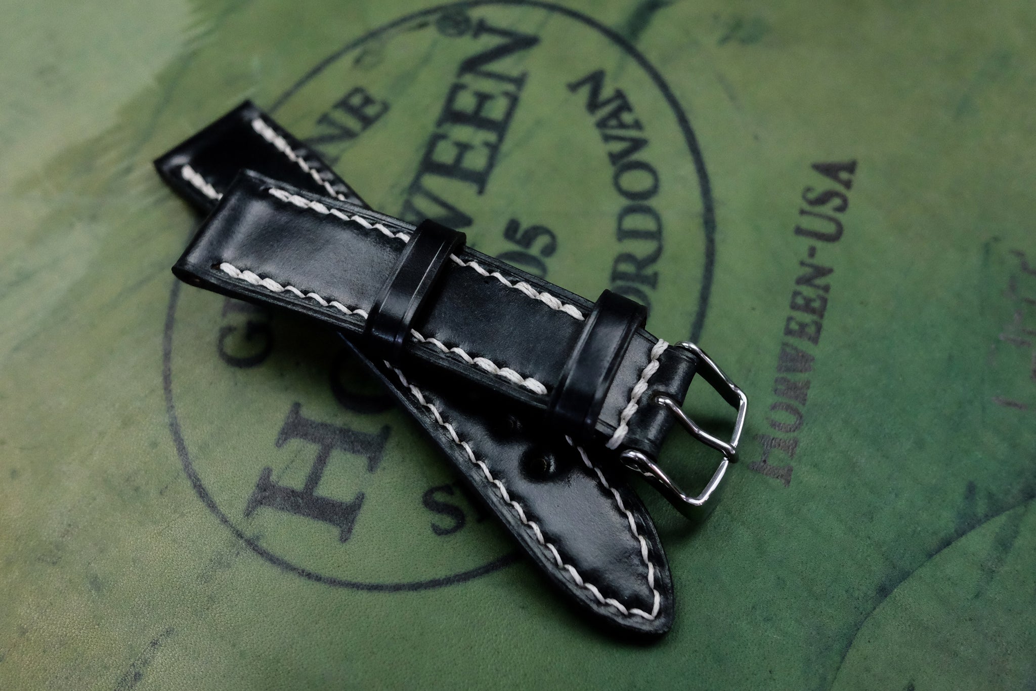 Full-Stitch Black Leather Watch Strap