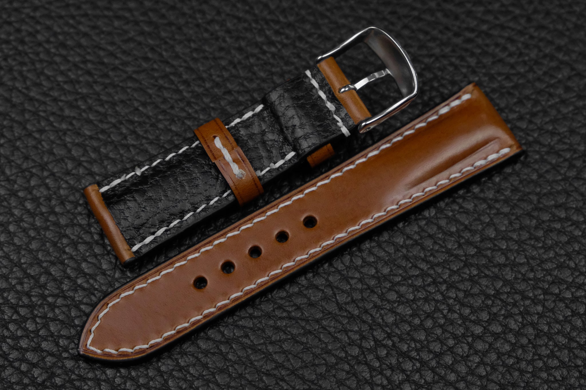 Black with orange stitch padded leather strap - 22mm